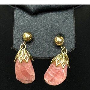 Vtg 12K Gold Filled Screw Back Earrings Rhodochrosite Pink Stone Drops Art Deco